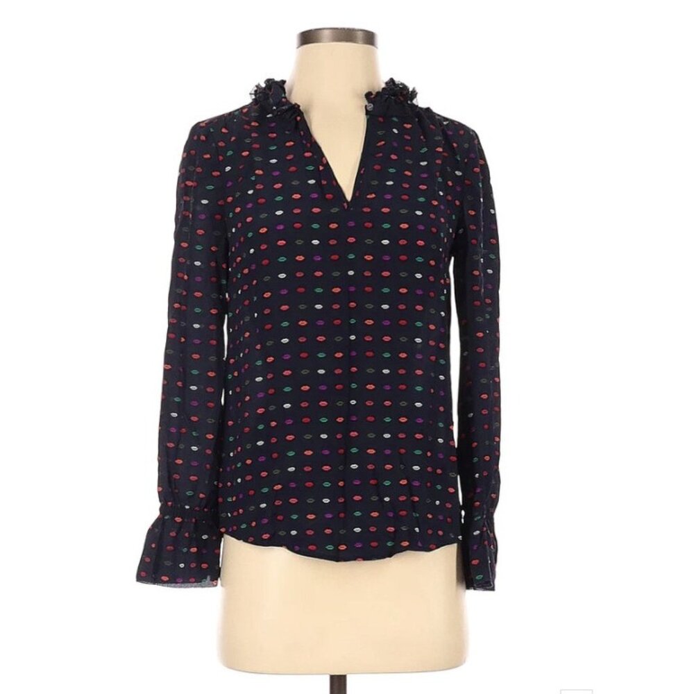 J.Crew Silk Career Blouse Blue Long Sleeve Colorful Ruffle V-neck Size 00 XS